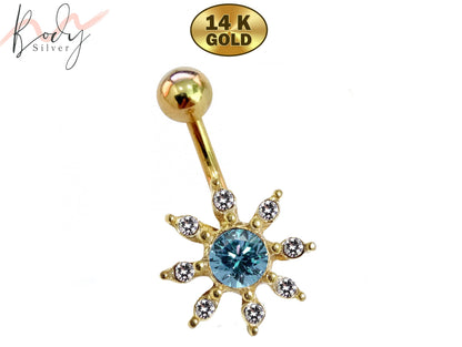 14K Gold Sun Belly Button Ring with Crystal Hand Set - Finest Quality Gold Body Piercing