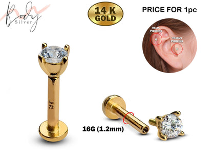 14K Gold Round Labret Stud, Helix Barbell, Tragus Earring Prong Set with CZ Stone Crystals Internally Threading Body Jewellery Ear Piercing