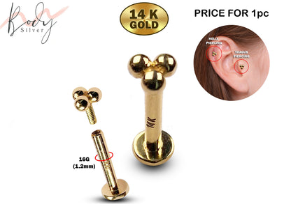 14K Gold Ball Labret Stud, Tragus Piercing, Helix Cartilage Piercing - Internally Threading Body Jewellery Ear Piercing