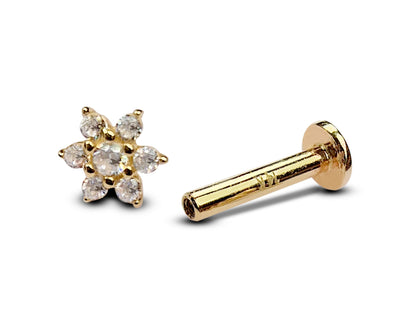 14K Gold Flower Labret, Helix Stud, Tragus Earring with CZ Stone Crystals - Internally Threading Body Jewellery Ear Piercing