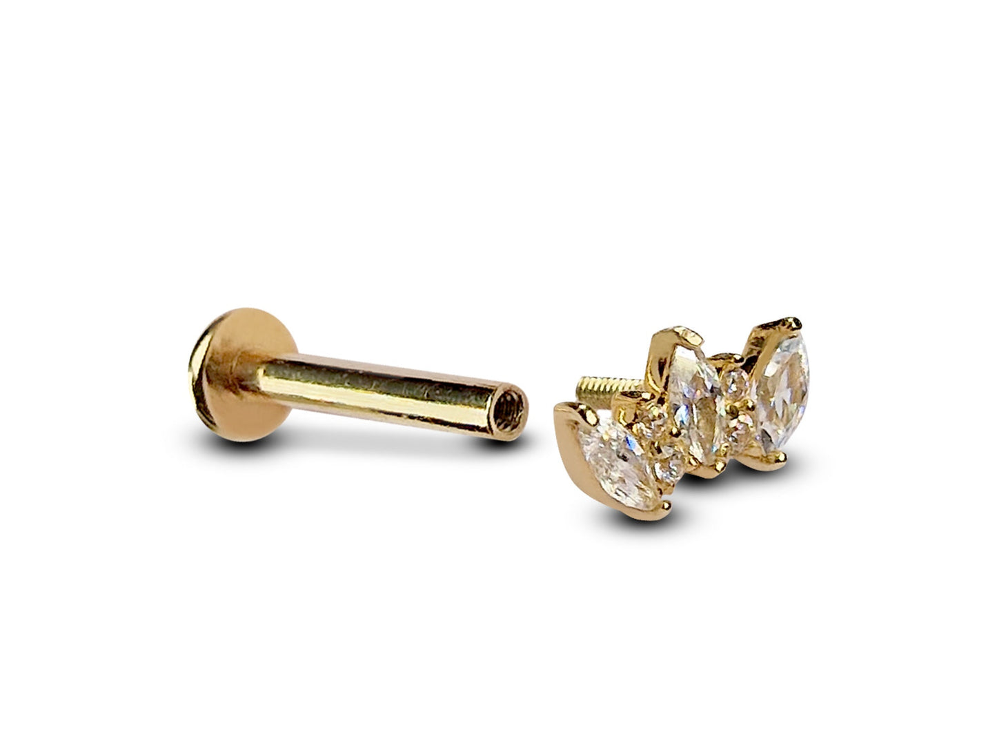 14K Gold Crown Tragus Earring, Helix Barbell, Labret Stud with CZ Stone Crystals - Internally Threading Body Jewellery Ear Piercing