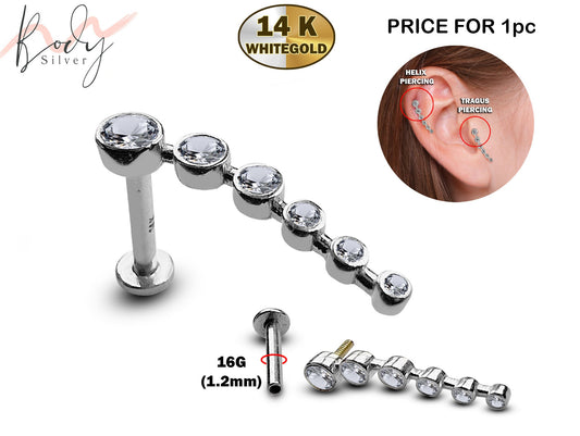 14K White Gold Tragus Stud, Dangle Labret Earring, Helix Cartilage Piercing with CZ Stone - Internally Threading Body Jewellery Ear Piercing