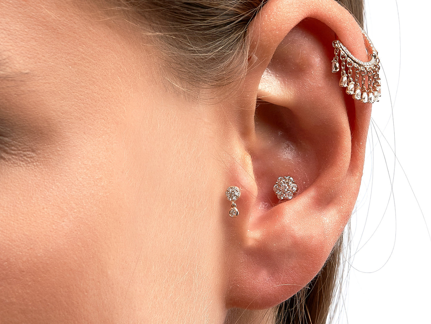 14K White Gold Flower Cartilage Piercing, Helix Barbell, Tragus Earrings - Internally Threading Body Jewellery Ear Piercing