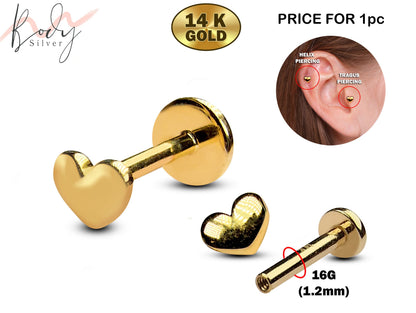 14K Gold Heart Tragus Earrings, Cartilage Piercing, Labret Studs - Internally Threading Body Jewellery Ear Piercing