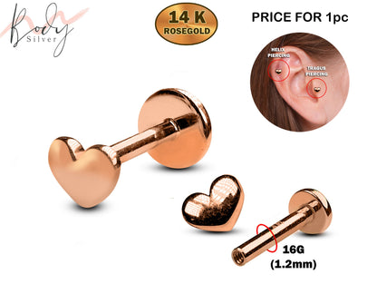 14K Rose Gold Heart Tragus Earrings, Cartilage Piercing, Labret Studs - Internally Threading Body Jewellery Ear Piercing