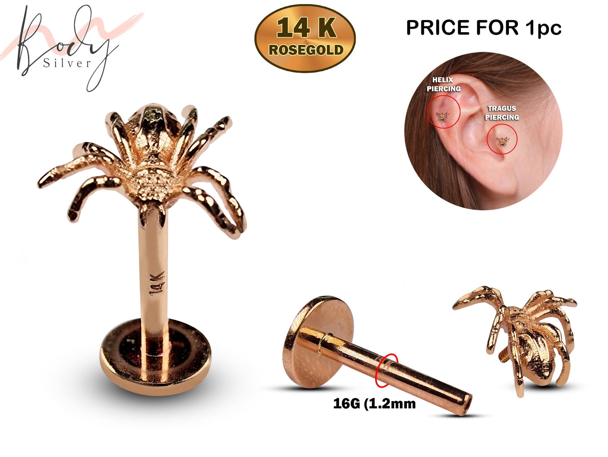 14K Rose Gold Spider Tragus Earrings, Labret Stud, Helix Cartilage Piercings - Internally Threading Body Jewellery Ear Piercing