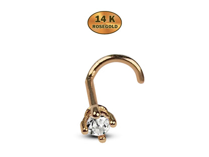 20G Nose Stud, Nose Screw Piercing with Prong Setting Crystal - 14K Gold, Rose Gold and White Gold - Nasallang Nostril Stud