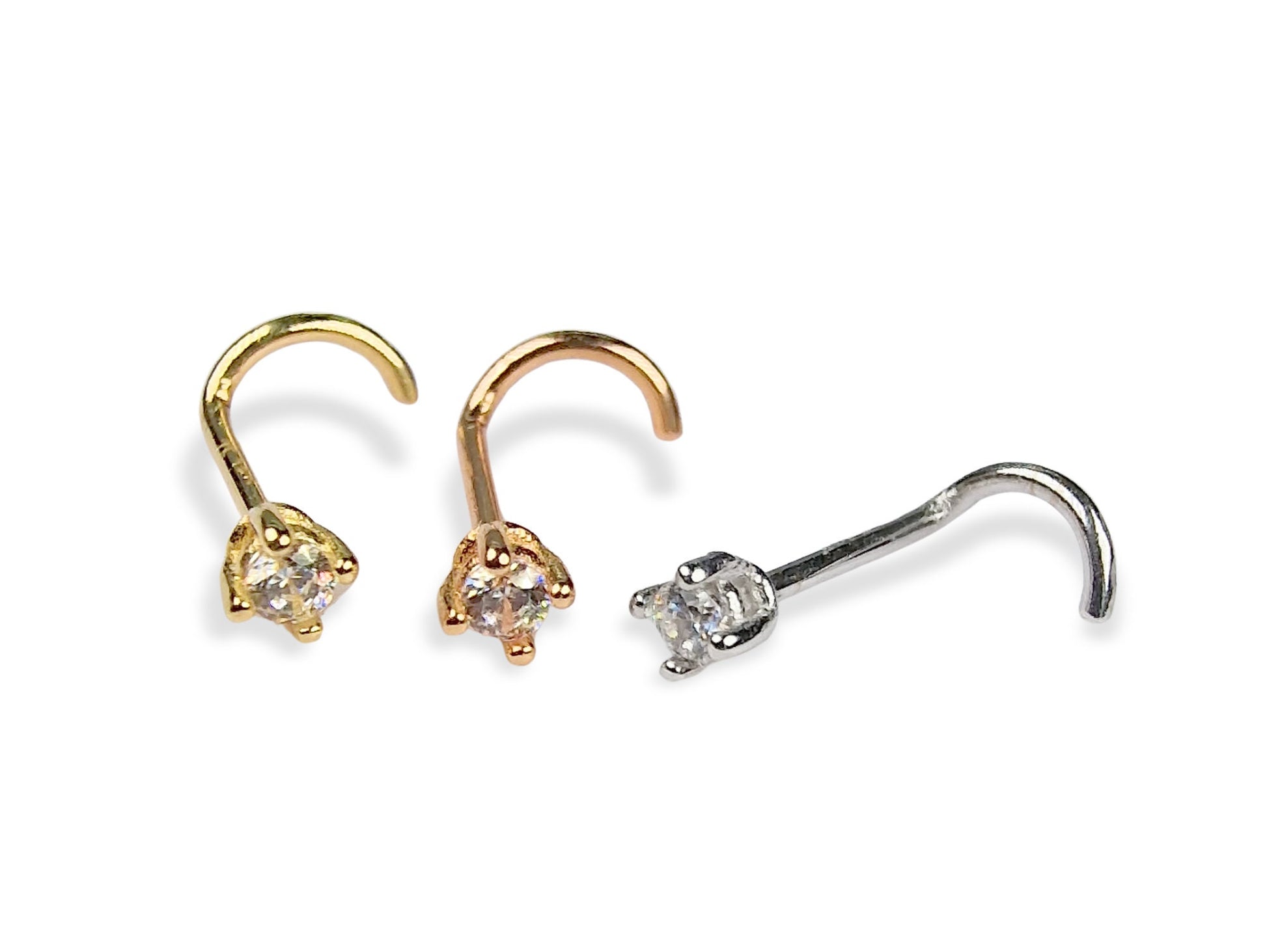 20G Nose Stud, Nose Screw Piercing with Prong Setting Crystal - 14K Gold, Rose Gold and White Gold - Nasallang Nostril Stud