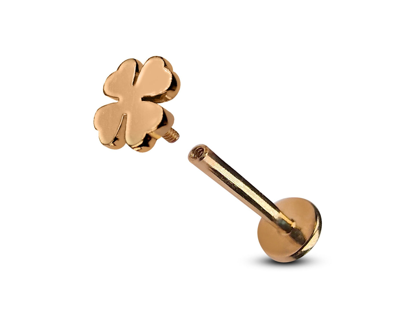 14K Rose Gold Clover Leaf Tragus Earrings, Labret Stud, Helix Cartilage Piercings - Internally Threading Body Jewellery Ear Piercing