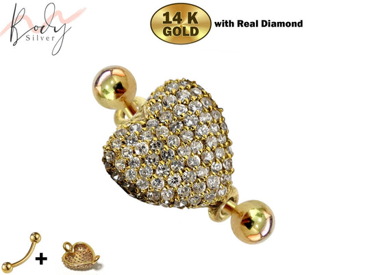 14K Gold Belly Button Ring Heart Filled with Crystal Hand Set - Finest Quality Gold Body Piercing