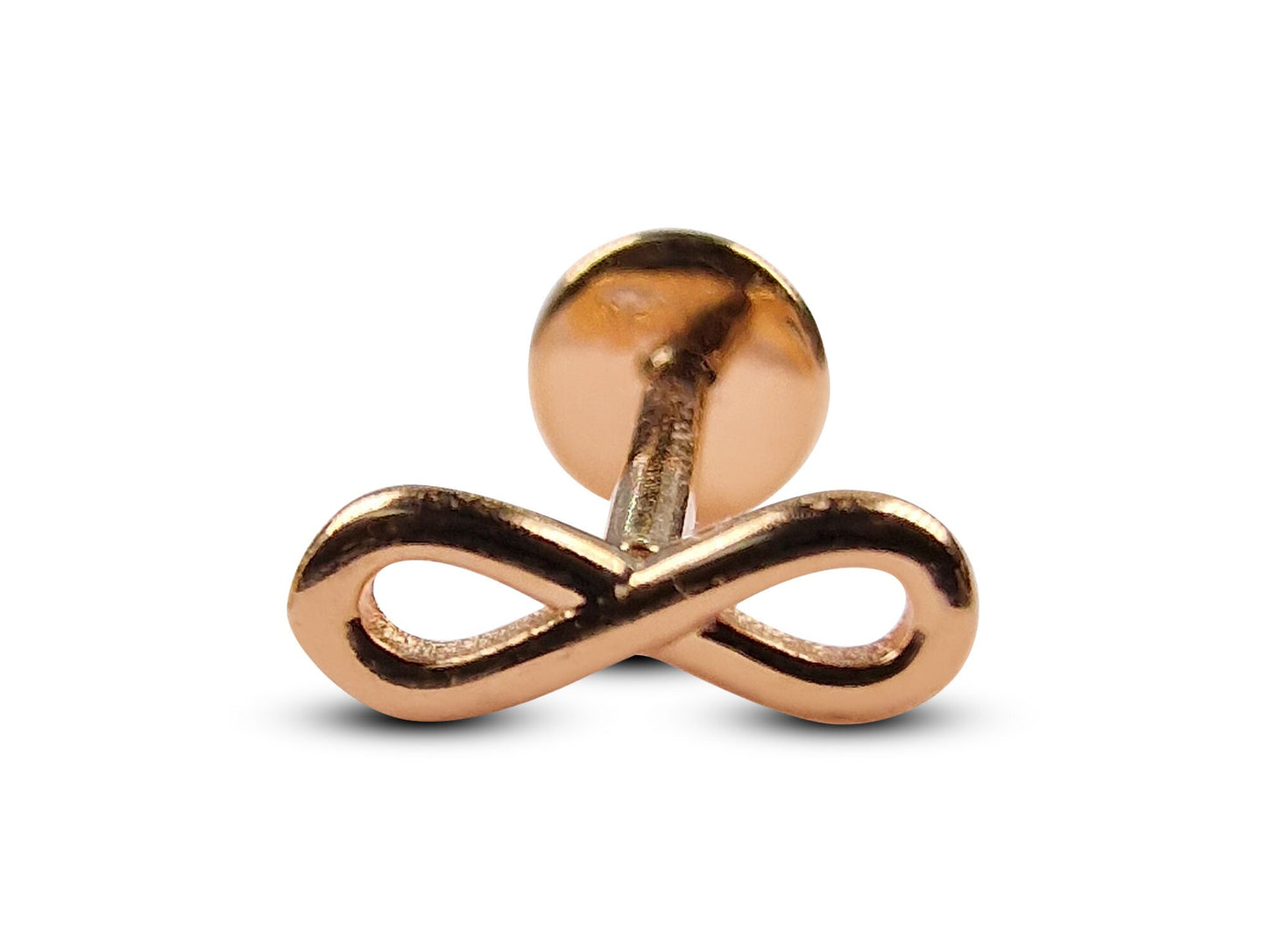 14K Rose Gold Infinity Cartilage Earring, Labret Stud, Tragus Piercing - Internally Threading Body Jewellery Ear Piercing