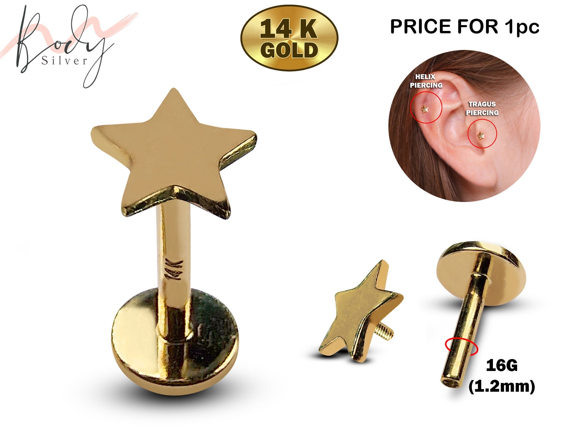 14k solid gold ring - Tragus, Ear Piercings, good Septum, Helix, BCR