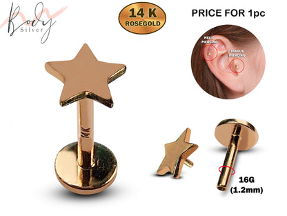 14K Rose Gold Star Tragus Piercing, Ear Jewelry, Labret Studs - Internally Threading Body Jewellery Ear Piercing