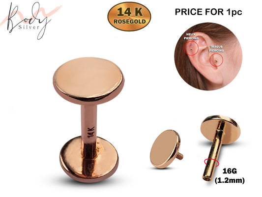 14K Rose Gold Round Flat Tragus Piercing, Ear Jewelry, Labret Studs - Internally Threading Body Jewellery Ear Piercing