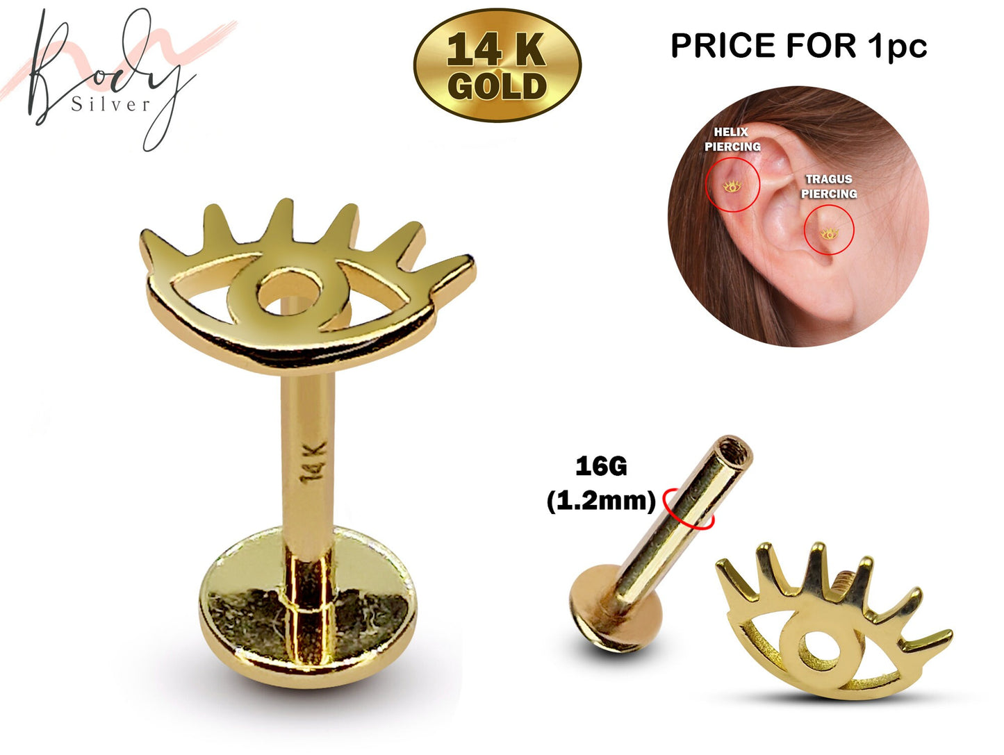 14K Gold Evil Eye Tragus Earring, Cartilage Piercing Labret Studs- Internally Threading Body Jewellery Ear Piercing