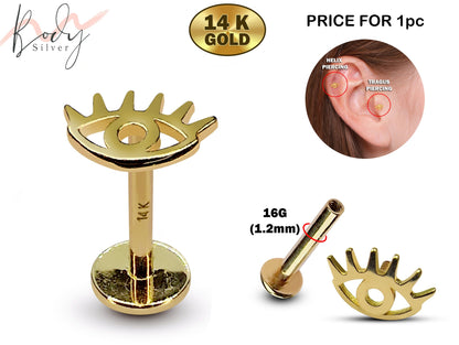 14K Gold Evil Eye Tragus Earring, Cartilage Piercing Labret Studs- Internally Threading Body Jewellery Ear Piercing