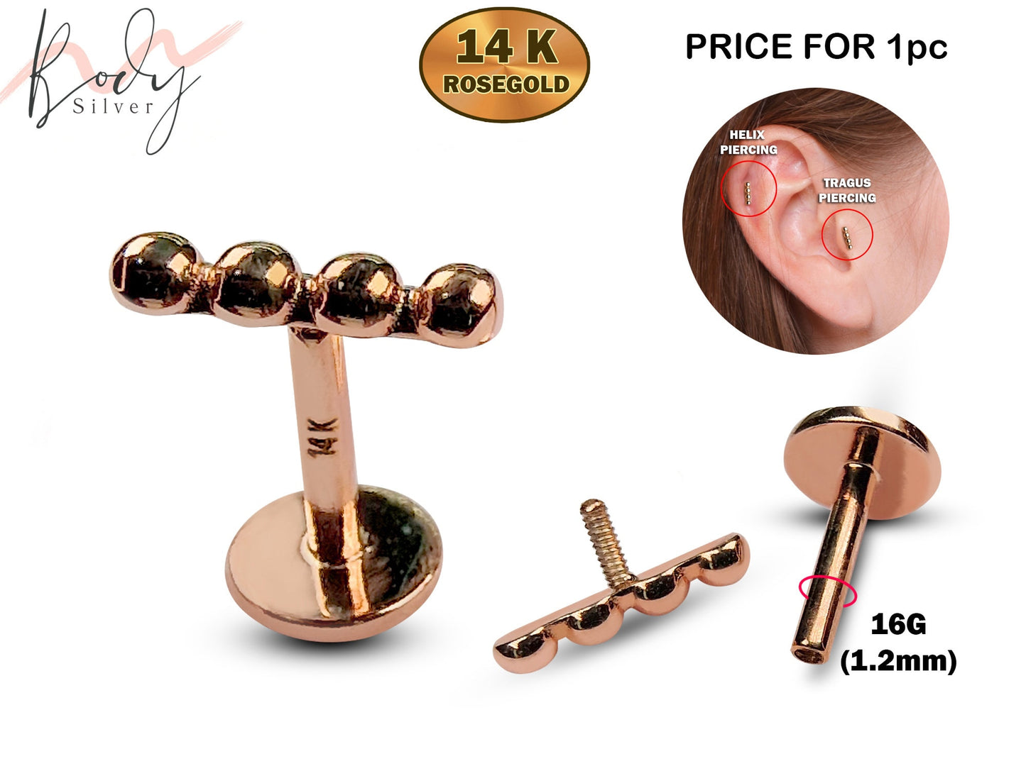 14K Rose Gold Tragus Line Ball Bar Earrings, Labret Stud, Helix Cartilage Piercings - Internally Threading Body Jewellery Ear Piercing