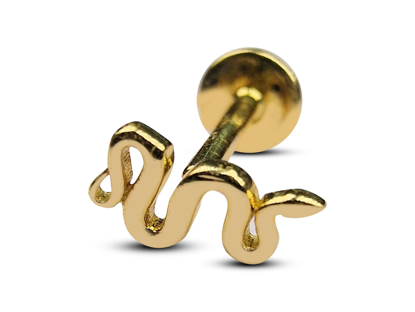 14K Gold Snake Tragus Cartilage Piercing, Labret Stud, Lip Ring - 16G Internally Threading Body Jewellery Ear Piercing