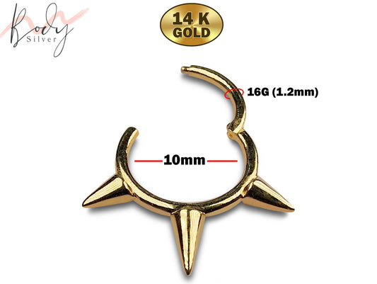 14K Gold Spike Clicker Ring, Septum Piercing, Forward Helix Ring - 16G Body Jewellery Segment Hinged Ring, Nose Ring size 10mm