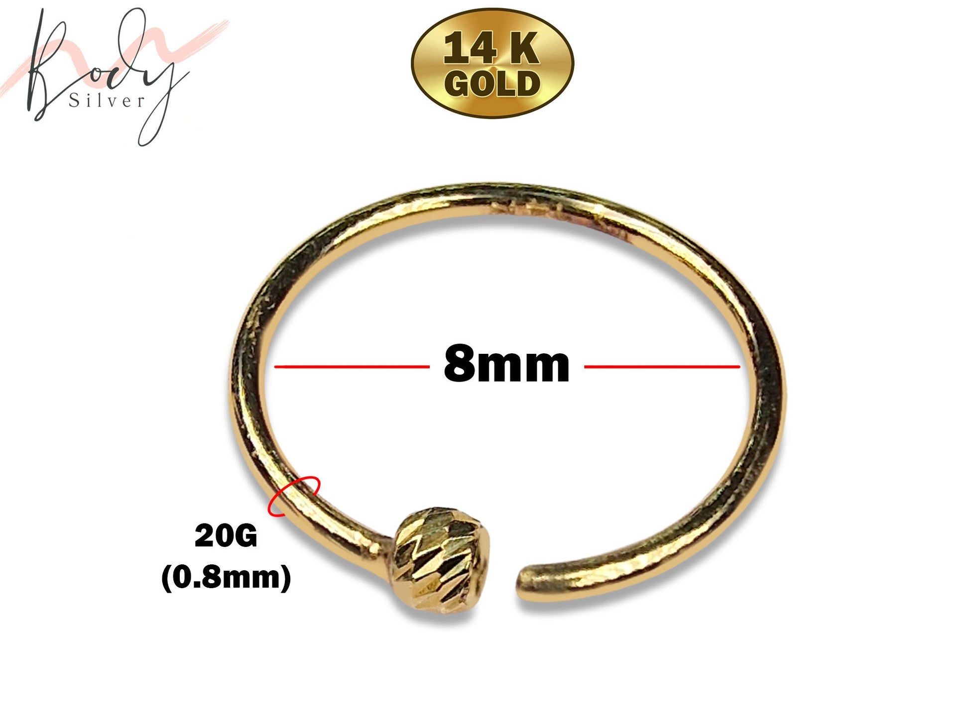 14K Gold Nose Hoop, Open Ring, Nostril Studs, Nose Jewelry with Small Bead - 20G Body Jewellery also for Ear Cartilage