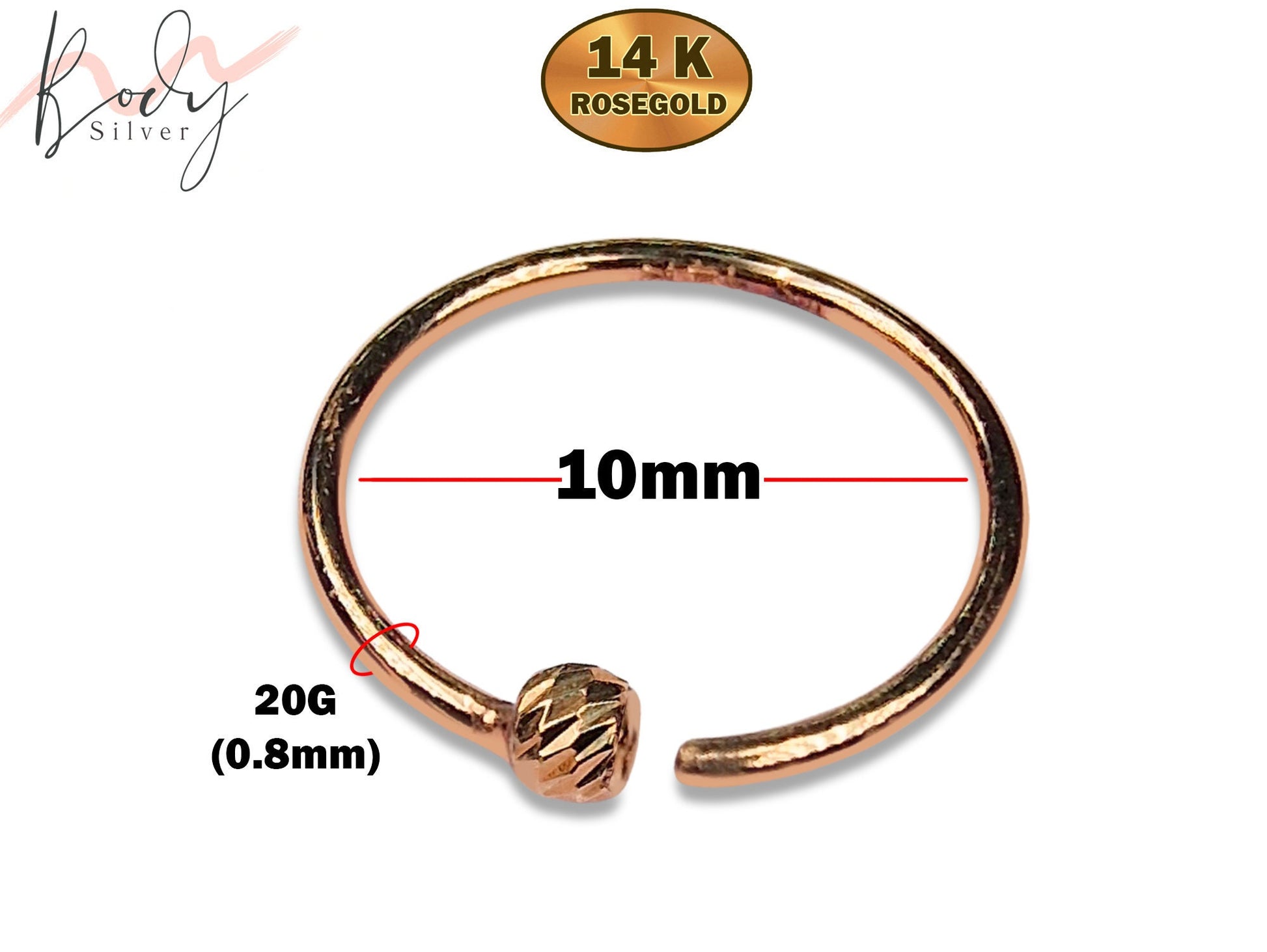 14K Rose Gold Nose Hoop, Open Ring, Nostril Studs, Nose Jewelry with Small Bead - 20G Body Jewellery also for Ear Cartilage