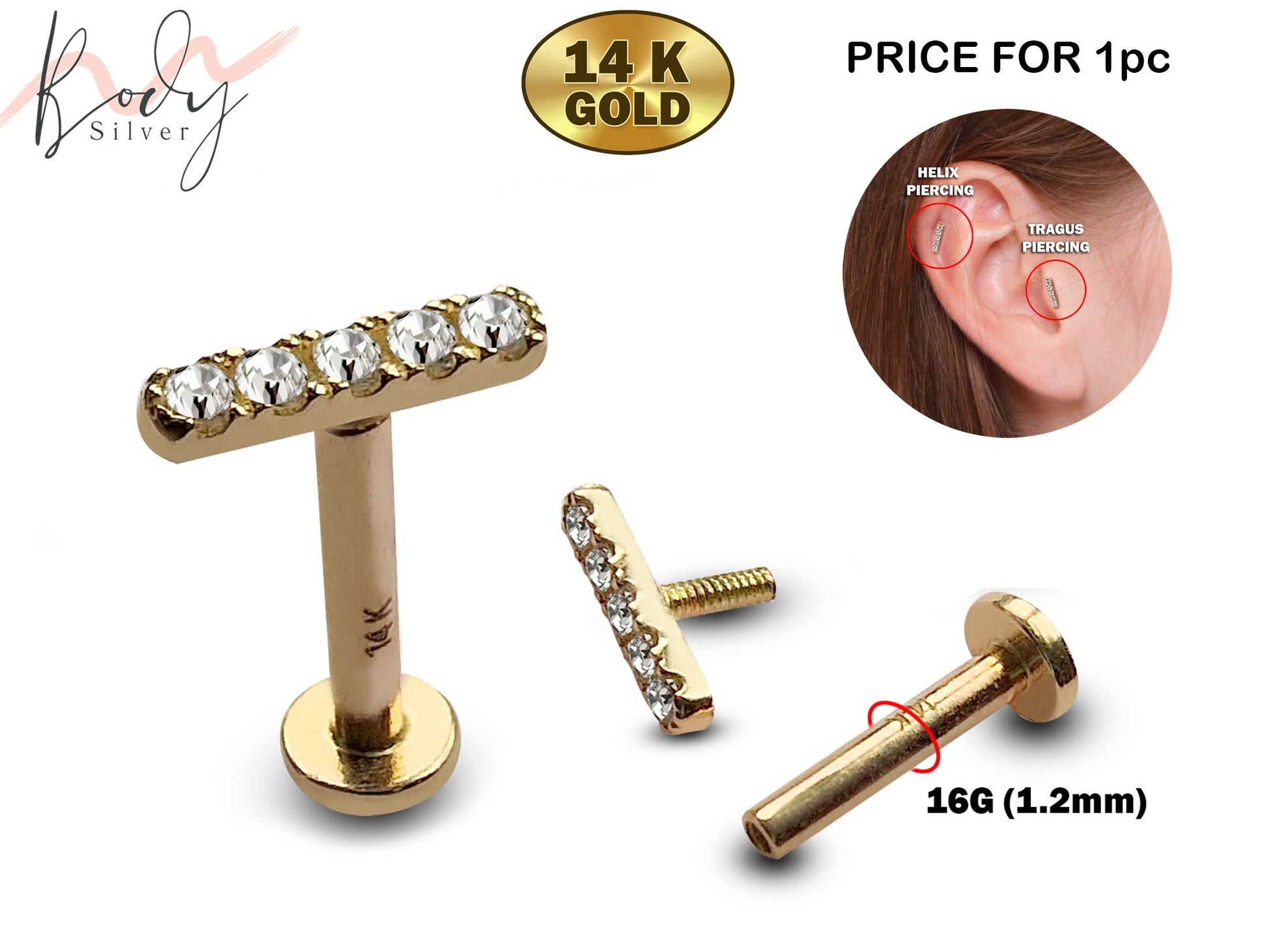 14K Gold Bar Tragus Labret Stud, Helix Ear Cartilage Piercing with CZ Stone Crystals - Internally Threading Body Jewellery Ear Piercing