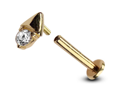 14K Gold Helix Stud, Labret Stud, Tragus Earring with CZ Stone Crystal - Internally Threading Body Jewellery Ear Piercing