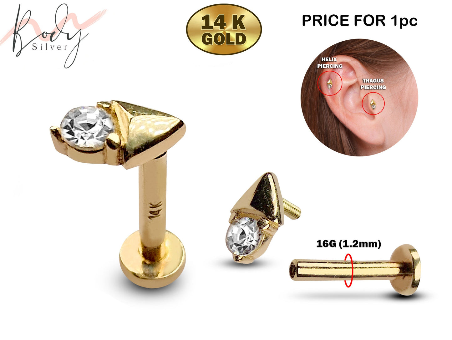 14K Gold Helix Stud, Labret Stud, Tragus Earring with CZ Stone Crystal - Internally Threading Body Jewellery Ear Piercing