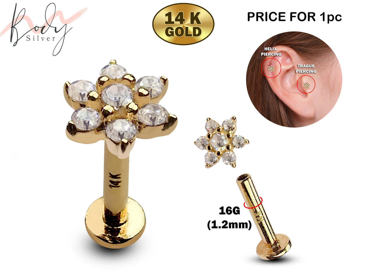 14K Gold Flower Labret, Helix Stud, Tragus Earring with CZ Stone Crystals - Internally Threading Body Jewellery Ear Piercing