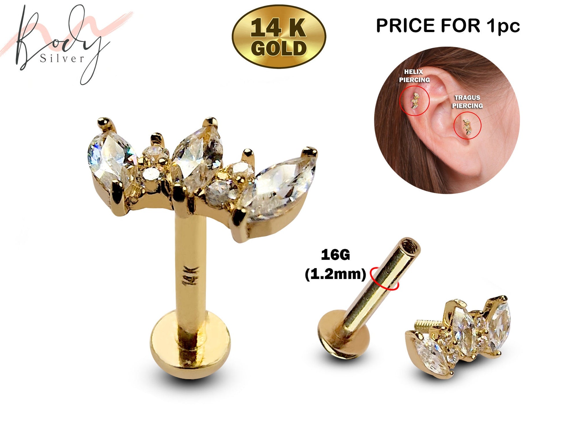 14K Gold Crown Tragus Earring, Helix Barbell, Labret Stud with CZ Stone Crystals - Internally Threading Body Jewellery Ear Piercing