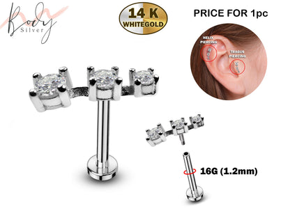 14K White Gold Tragus Piercing, Labret Studs, Helix Cartilage Piercing with CZ Stone - Internally Threading Body Jewellery Ear Piercing