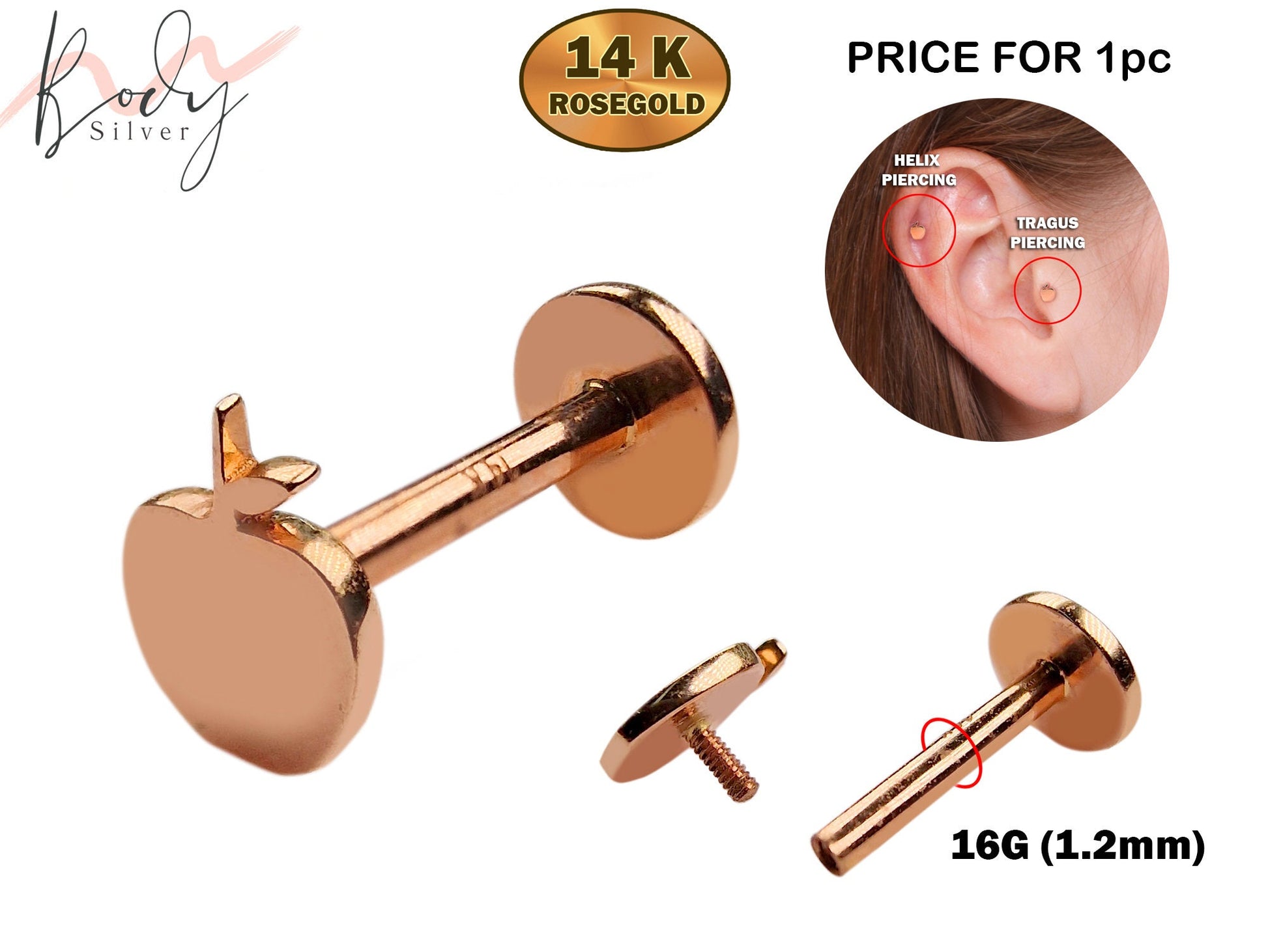 14K Rose Gold Apple Labret Stud, Tragus Piercing, Helix Cartilage Piercing - Internally Threading Body Jewellery Ear Piercing