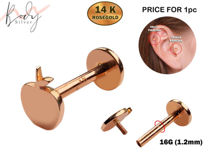 14K Rose Gold Apple Labret Stud, Tragus Piercing, Helix Cartilage Piercing - Internally Threading Body Jewellery Ear Piercing