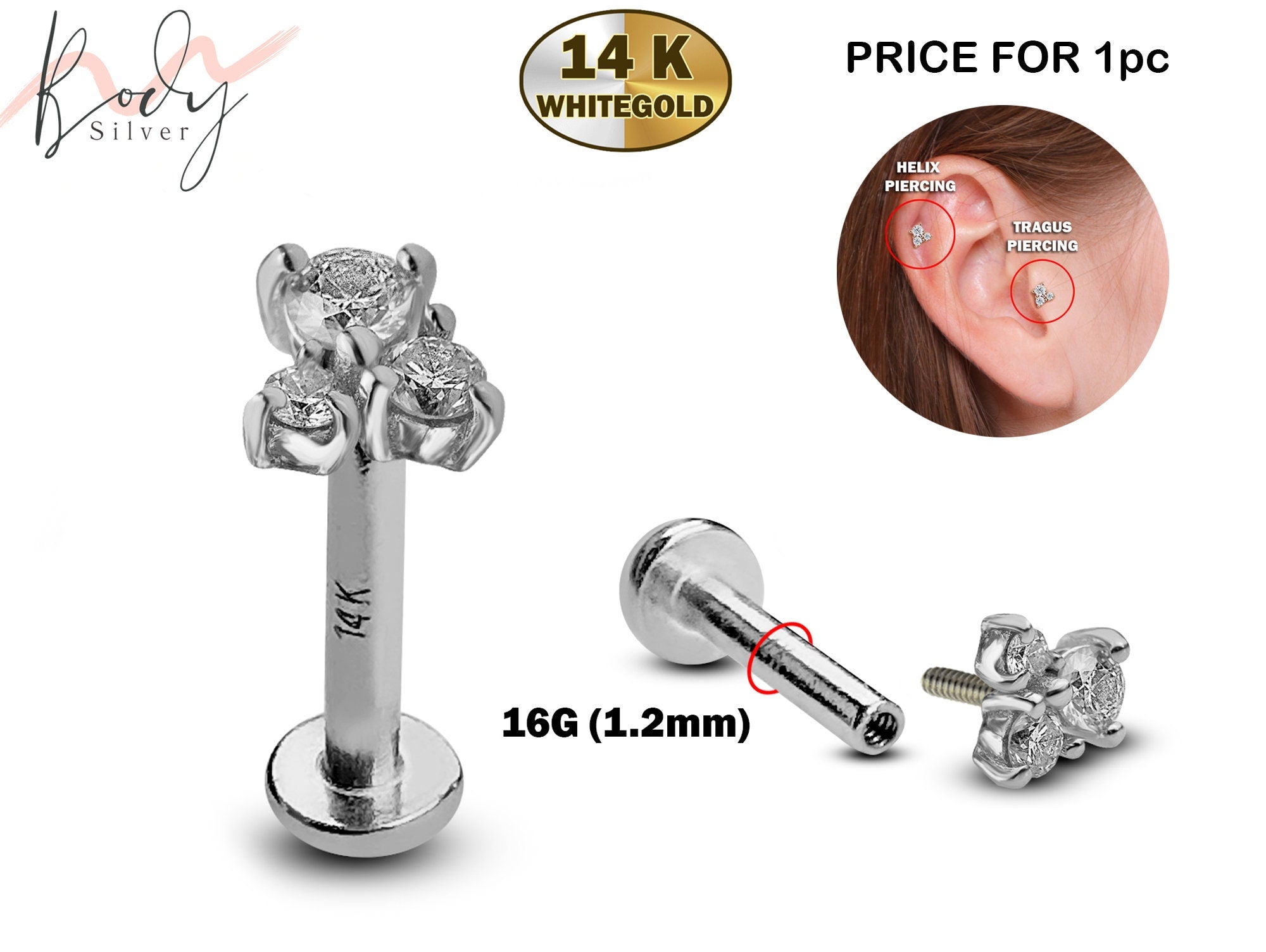 2024 14k Solid White Gold Helix Piercing 4 Bezel..Labret..16g..6mm