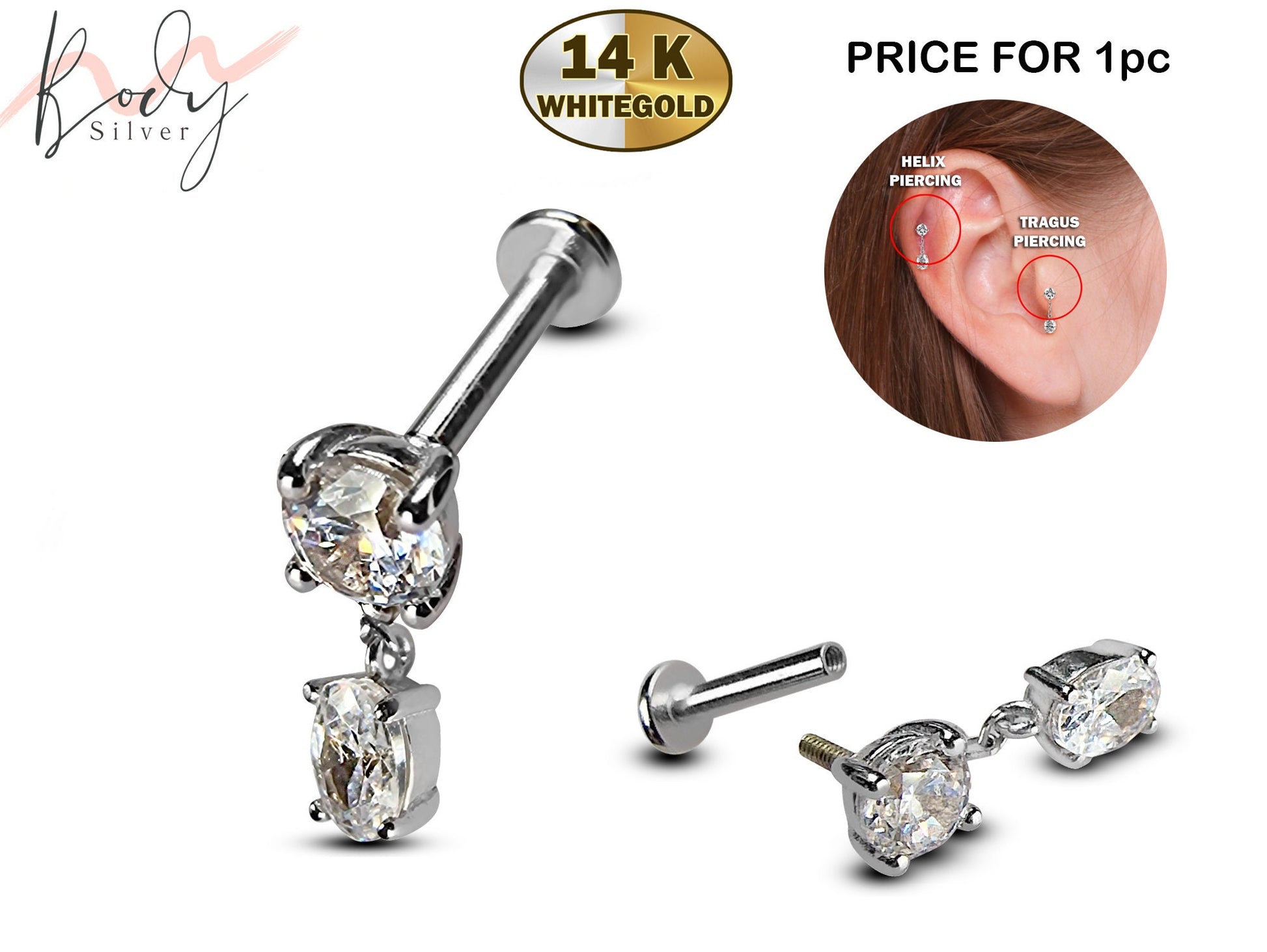 14K White Gold Dangle Helix Stud, Cartilage Earring with CZ Stone Crystals - Internally Threading Body Jewellery Ear Piercing