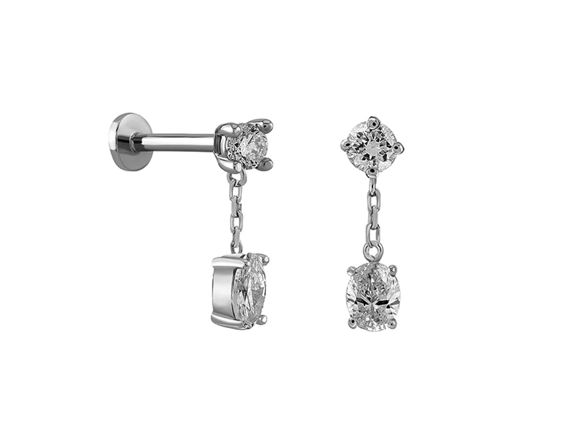 14K White Gold Dangle Helix Stud, Cartilage Earring with CZ Stone Crystals - Internally Threading Body Jewellery Ear Piercing