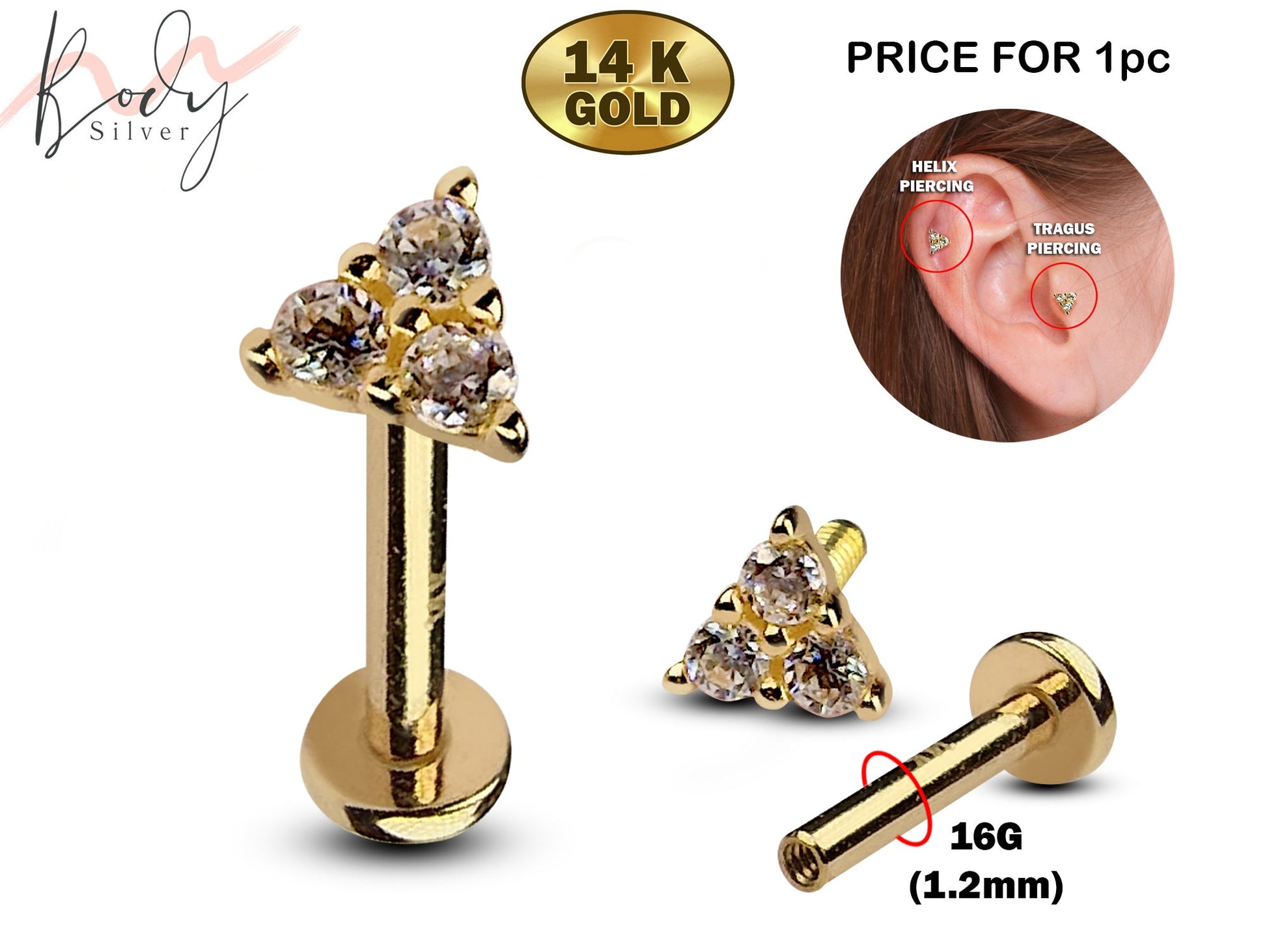 14K Gold Triangle Shape Tragus Piercing, Helix Stud, Lip Labret with CZ Stone Crystals - Internally Threading Body Jewellery Ear Piercing