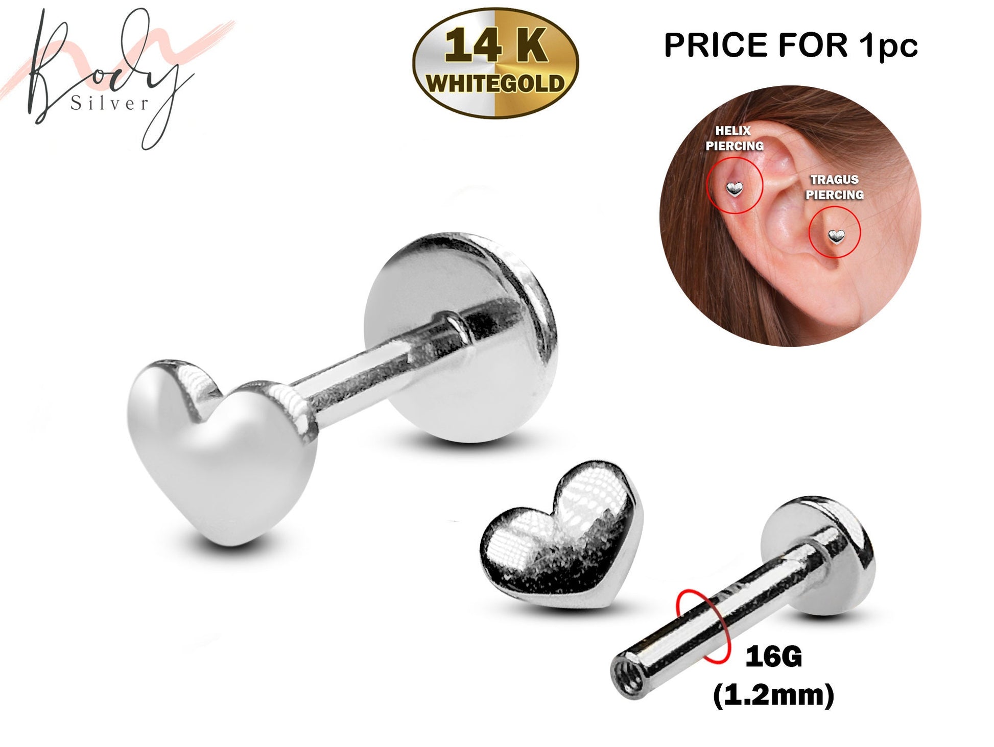 14K White Gold Heart Tragus Earrings, Cartilage Piercing, Labret
