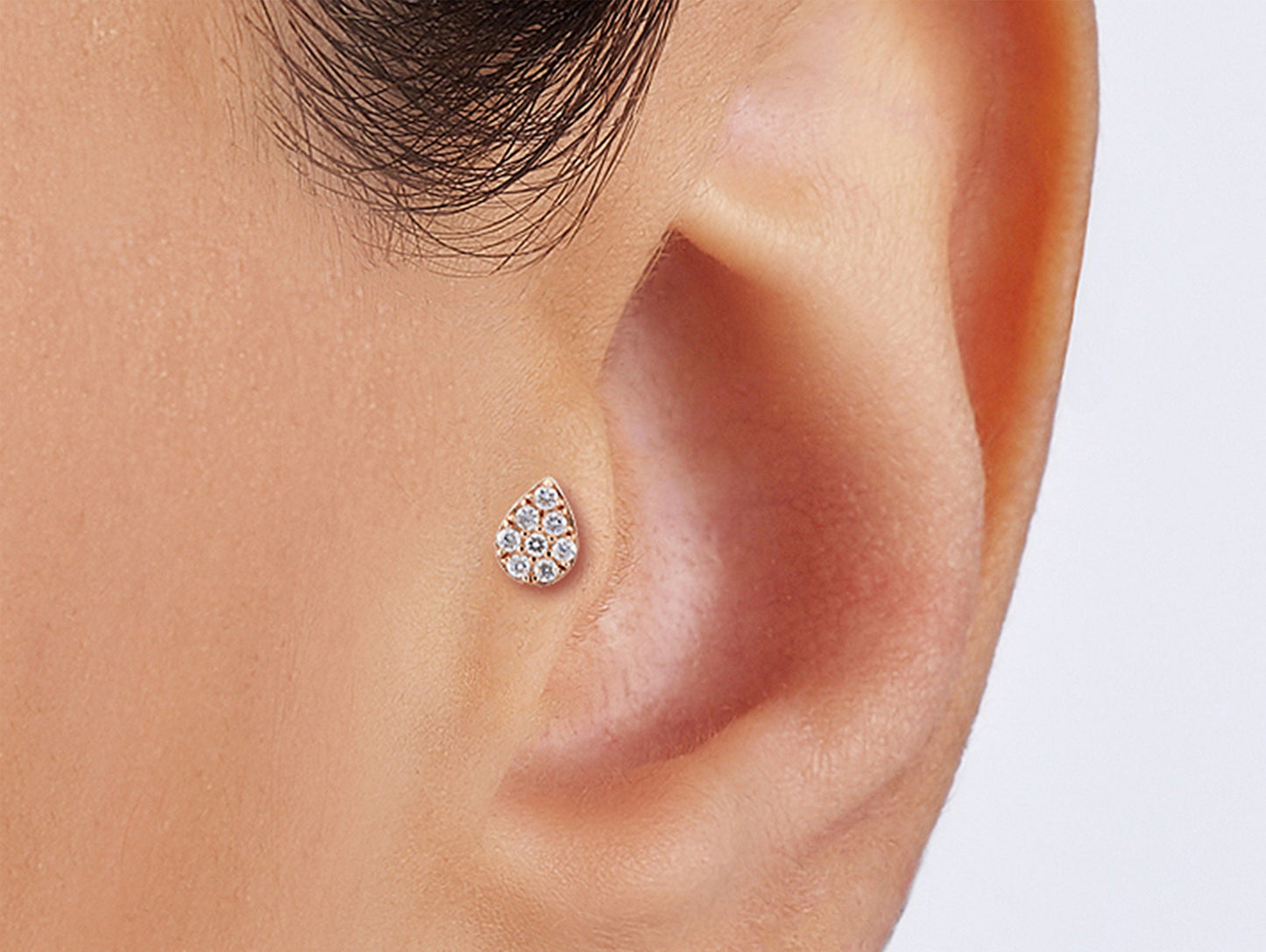 14K Gold Tear Drop Tragus Stud Piercing, Labret Stud Earrings with CZ Stone Crystal - Internally Threading Body Jewellery Ear Piercing