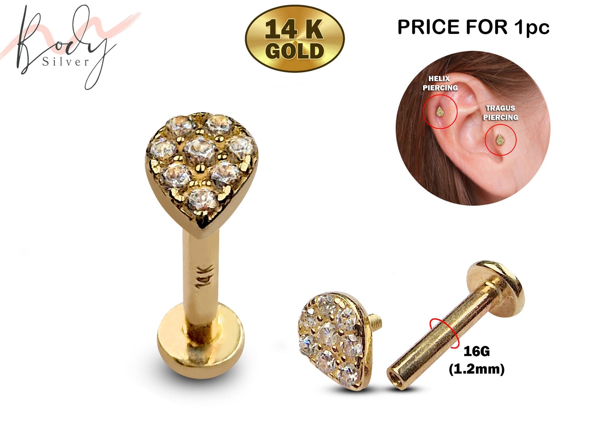 14K Gold Tear Drop Tragus Stud Piercing, Labret Stud Earrings with