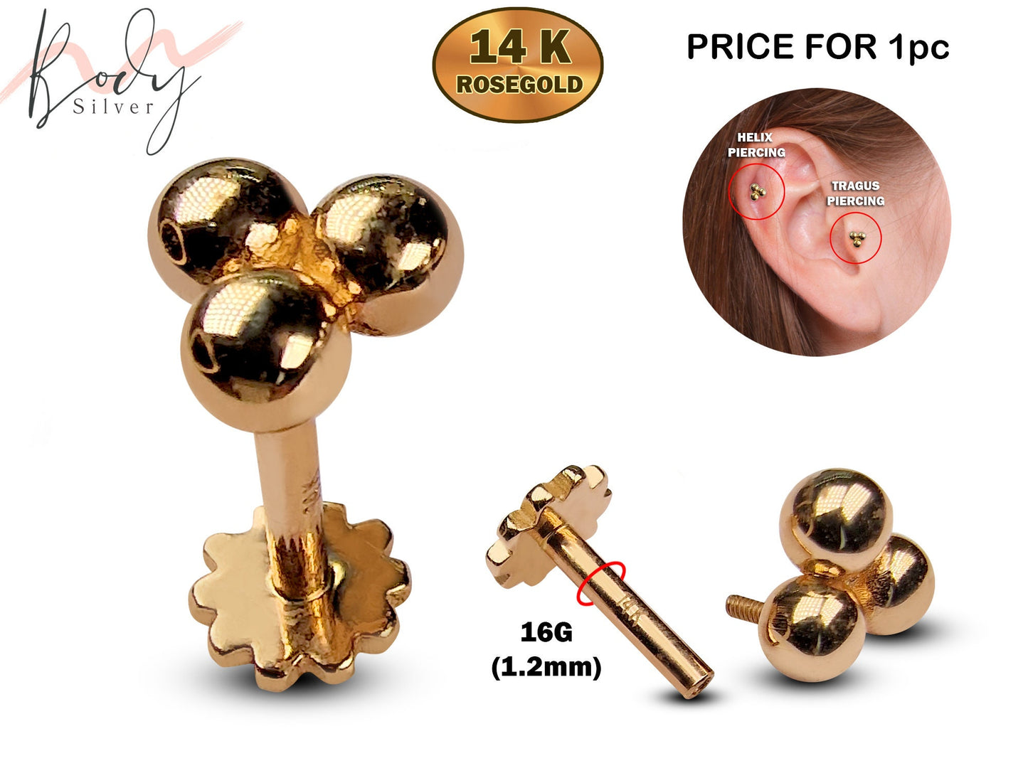 14K Rose Gold 3 ball labret stud with Flat back gear design Tragus Earring, Lip Jewelry - Internally Threading Body Jewellery Ear Piercing