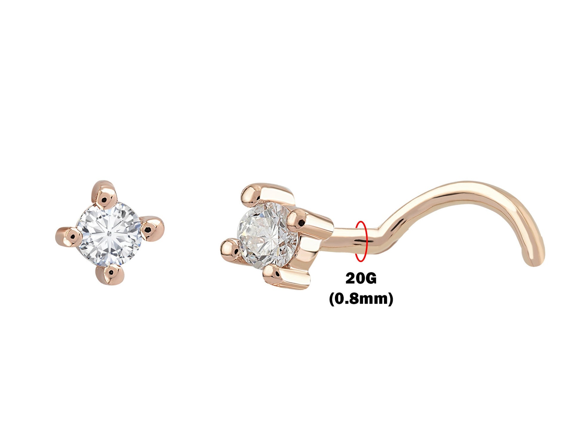 20G Nose Stud, Nose Screw Piercing with Prong Setting Crystal - 14K Gold, Rose Gold and White Gold - Nasallang Nostril Stud