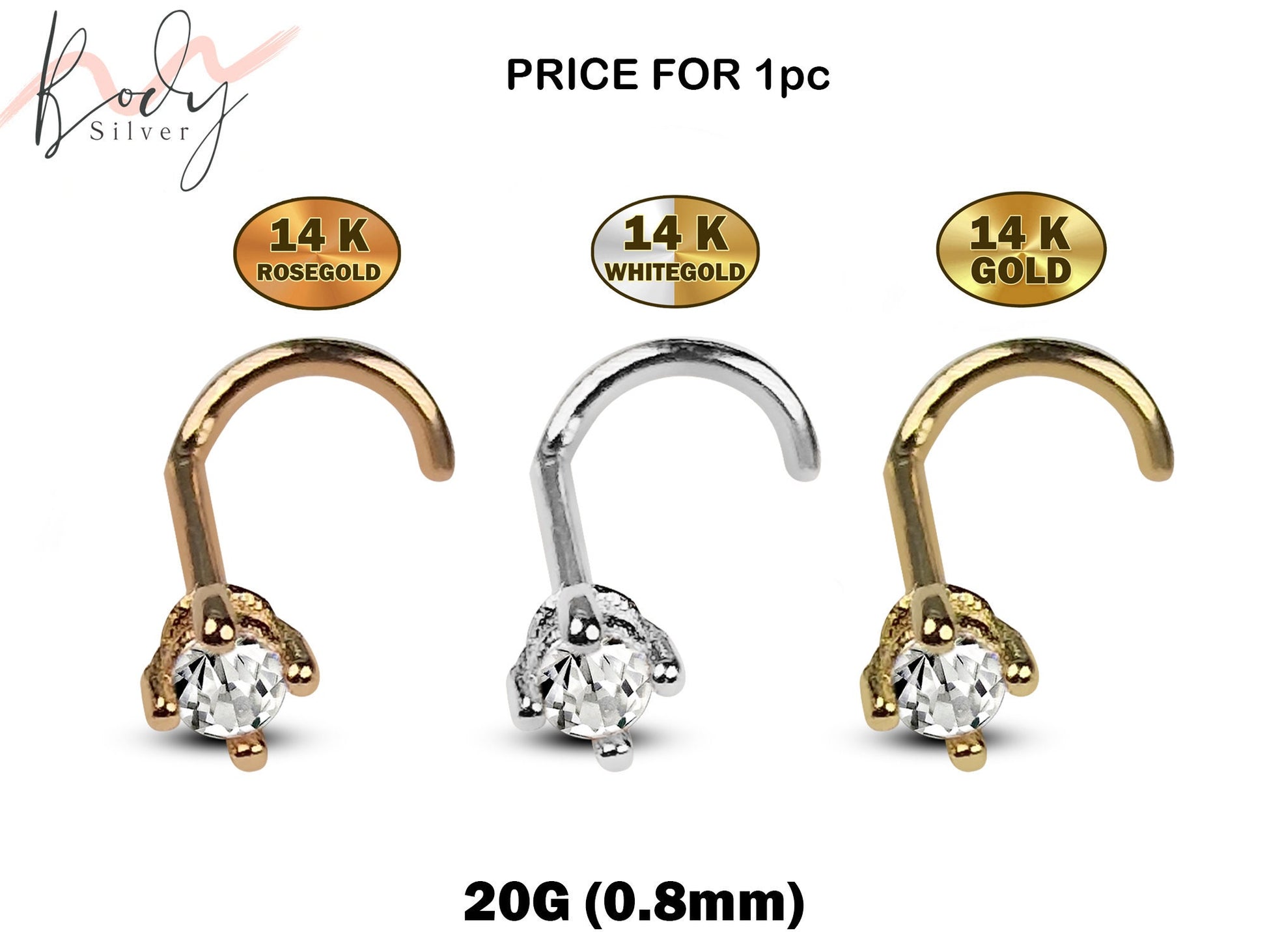 20G Nose Stud, Nose Screw Piercing with Prong Setting Crystal - 14K Gold, Rose Gold and White Gold - Nasallang Nostril Stud