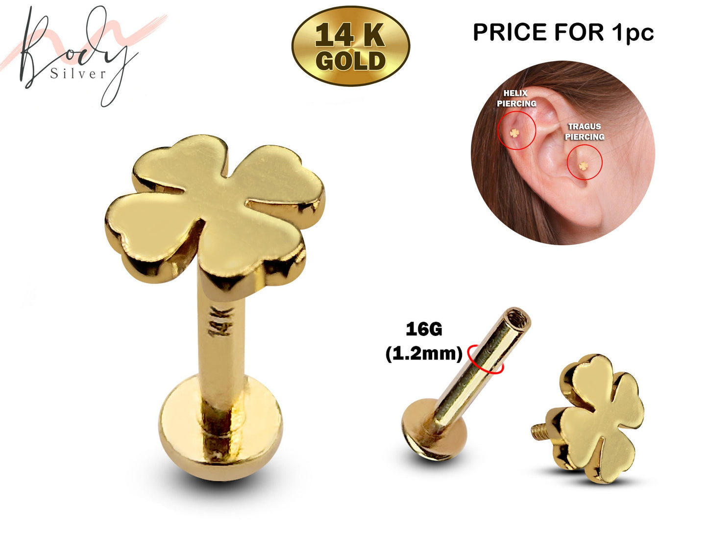 14K Gold Clover Leaf Tragus Earrings, Labret Stud, Helix Cartilage Piercings - Internally Threading Body Jewellery Ear Piercing