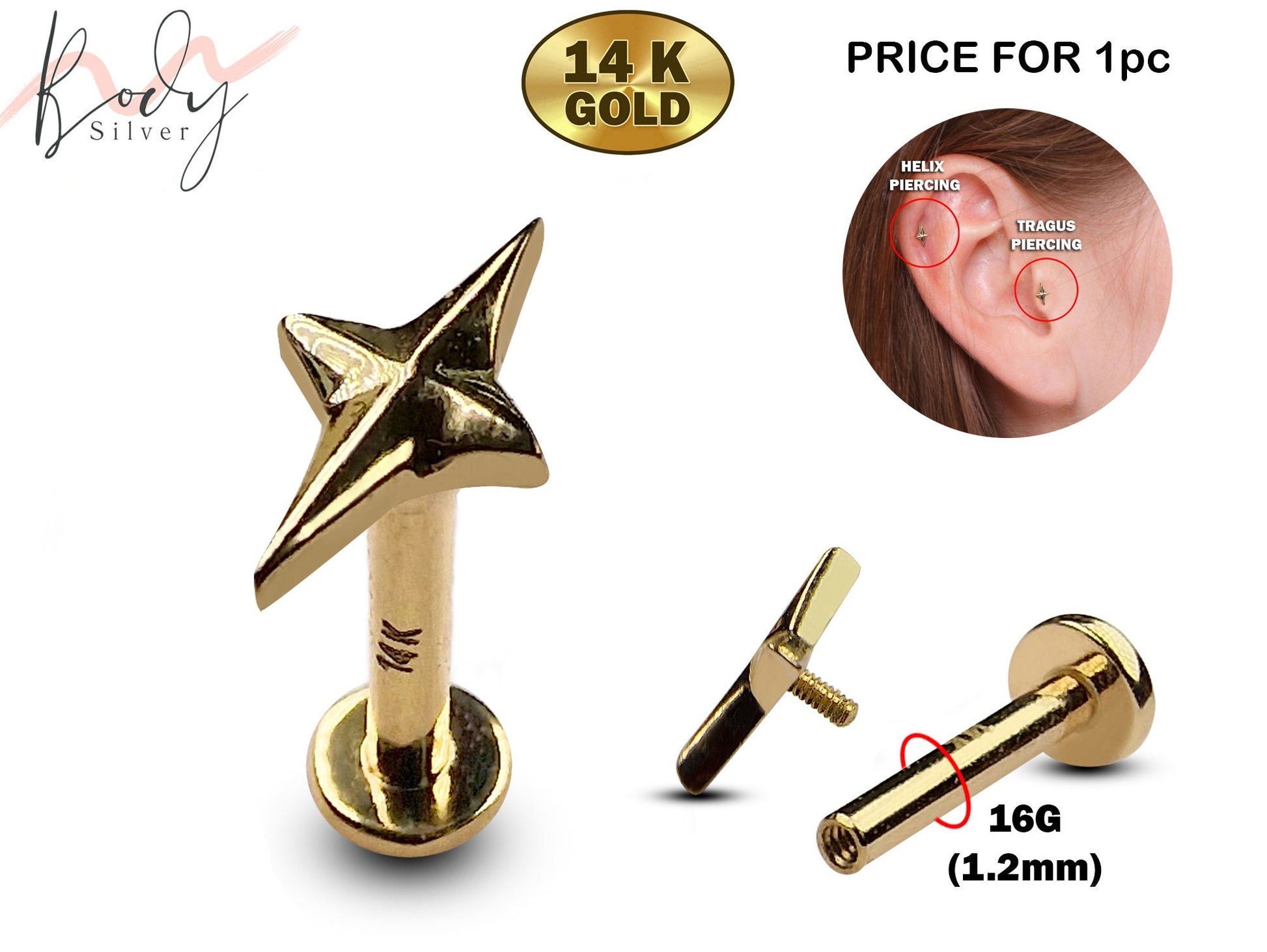 14K Gold Spark Tragus Stud Piercing, Labret Stud, Ear Cartilage Jewelry - Internally Threading Body Jewellery Ear Piercing