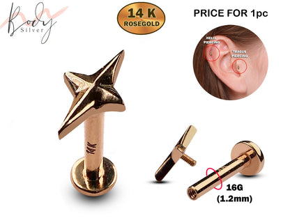 14K Rose Gold Spark Tragus Jewelry, Labret Piercing Ear Cartilage Studs - 16G Internally Threading Body Jewellery Ear Piercing