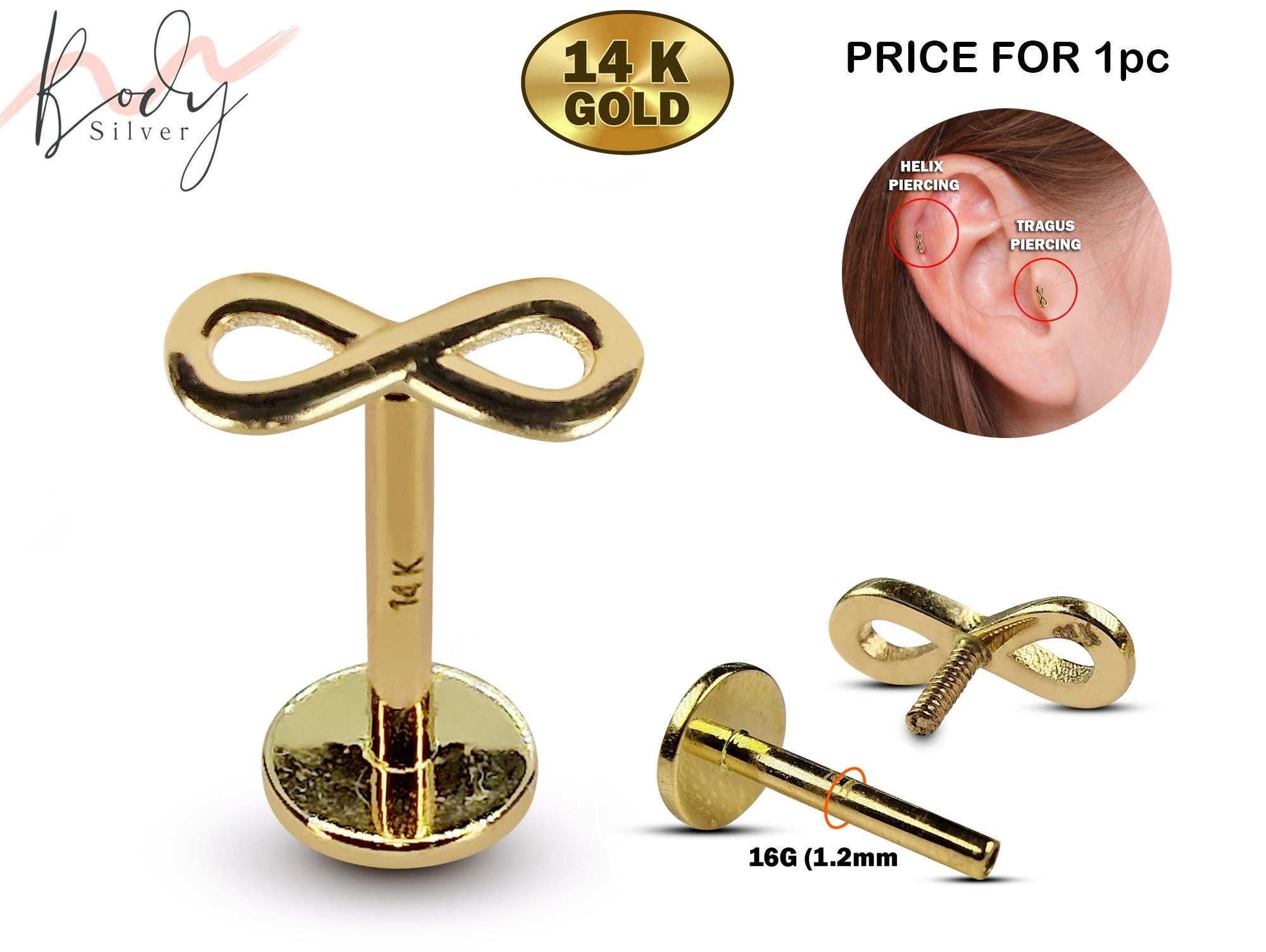 14K Gold Infinity Tragus Stud Piercing Labret Stud Ear Cartilage Jew Silver Body Jewellery