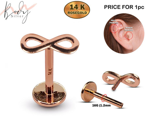 14K Rose Gold Infinity Cartilage Earring, Labret Stud, Tragus Piercing - Internally Threading Body Jewellery Ear Piercing