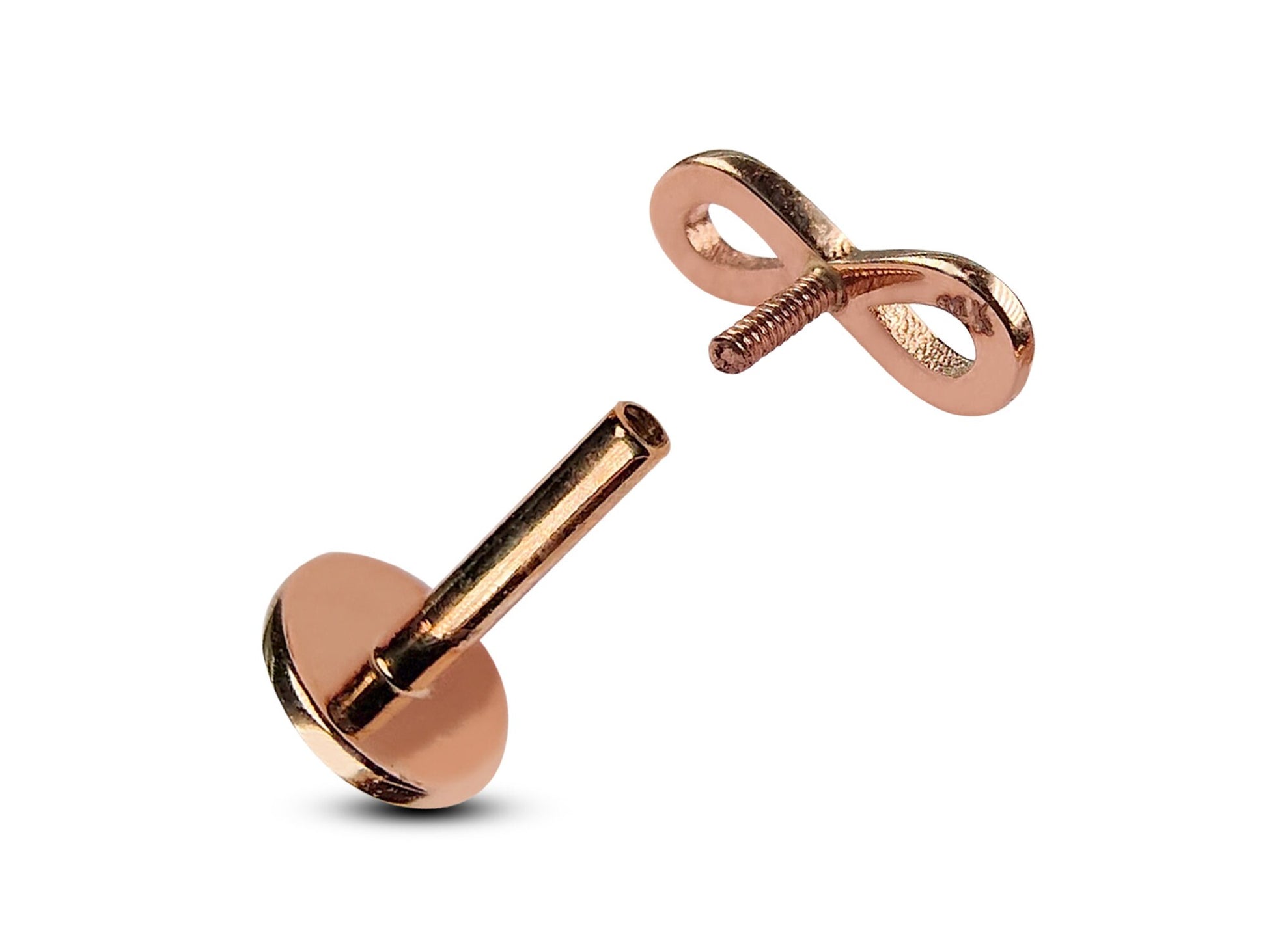 14K Rose Gold Infinity Cartilage Earring, Labret Stud, Tragus Piercing - Internally Threading Body Jewellery Ear Piercing