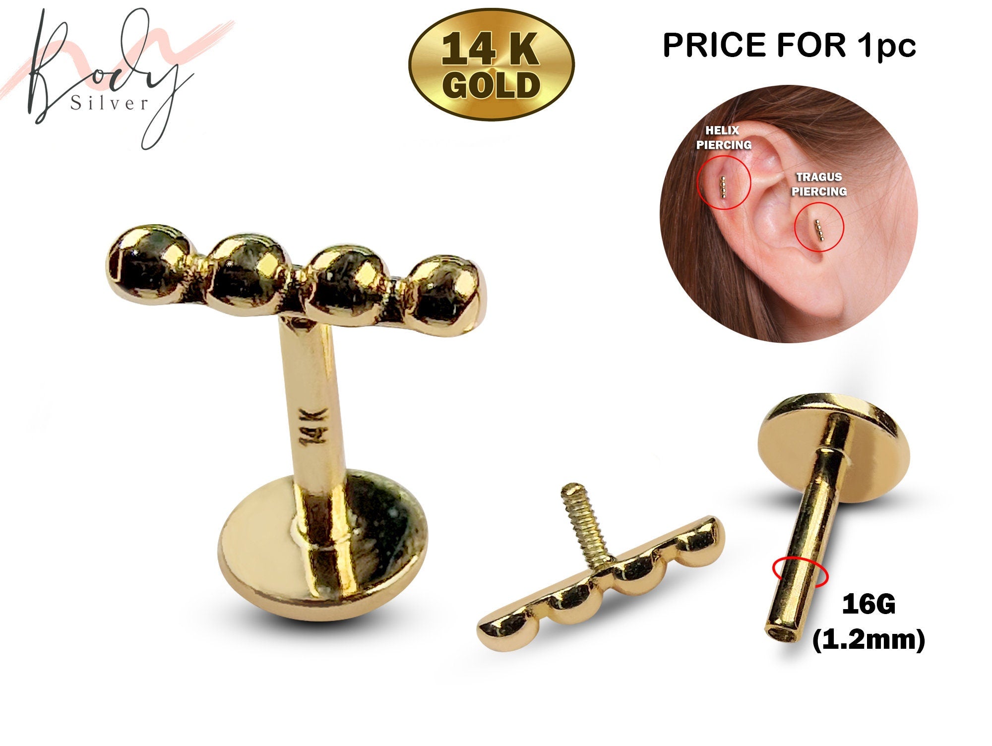 Solid 14kt gold on sale ball nose piercings bar